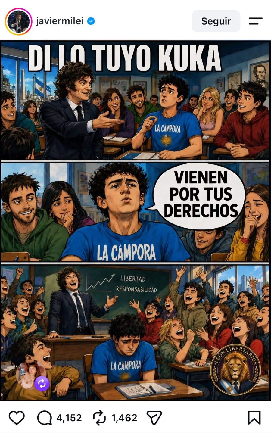 El provocativo c&oacute;mic que poste&oacute; Milei: "Di lo tuyo, kuka"